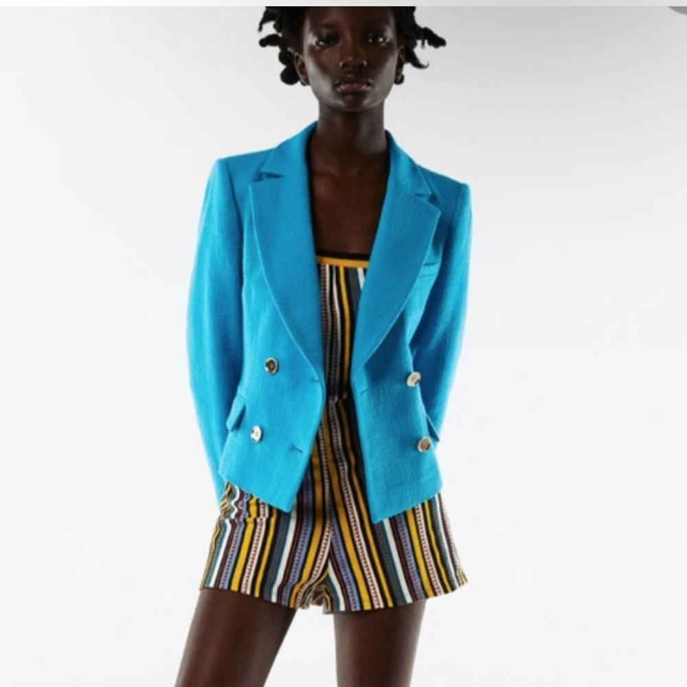 EUC Zara Cropped Textured Double Breasted Blazer in Turquoise Size Medium